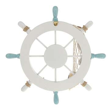 Rienar Nautical Beach Wooden Boat Ship Steering Wheel Fishing Net Shell Home Wall Decor White - Fish