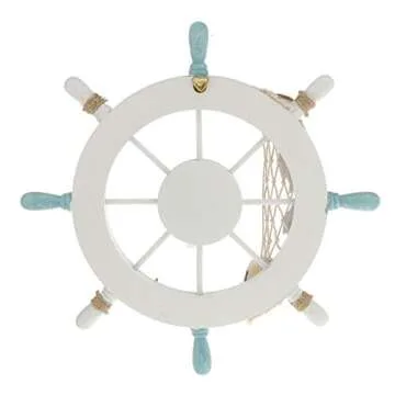 Rienar Nautical Beach Wooden Boat Ship Steering Wheel Fishing Net Shell Home Wall Decor White - Fish
