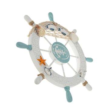Rienar Nautical Beach Wooden Boat Ship Steering Wheel Fishing Net Shell Home Wall Decor White - Fish