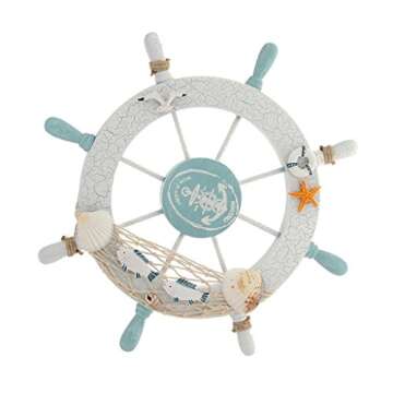 Rienar Nautical Beach Wooden Boat Ship Steering Wheel Fishing Net Shell Home Wall Decor White - Fish