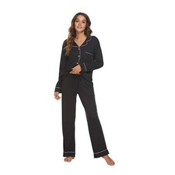 HEARTNICE Womens Pajama Set, Soft Long Sleeve Pajamas & Long Pants with Pockets, Warm Button-up Sleepwear Lightweight Lounge Pjs (Black-L, L)