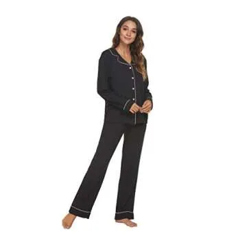HEARTNICE Womens Pajama Set, Soft Long Sleeve Pajamas & Long Pants with Pockets, Warm Button-up Sleepwear Lightweight Lounge Pjs (Black-L, L)
