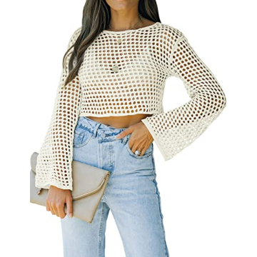 Womens Fishnet Crochet Crop Top Sexy Long Sleeve See Through Hollow Out Mesh Bikini Cover Ups White