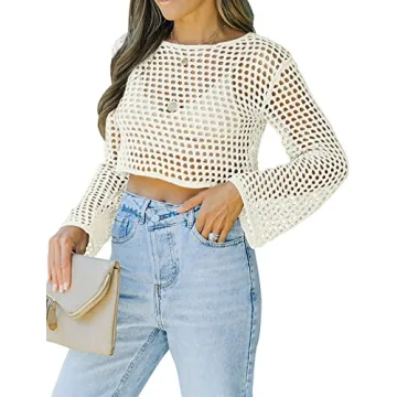 Womens Fishnet Crochet Crop Top Long Sleeve Sexy Style