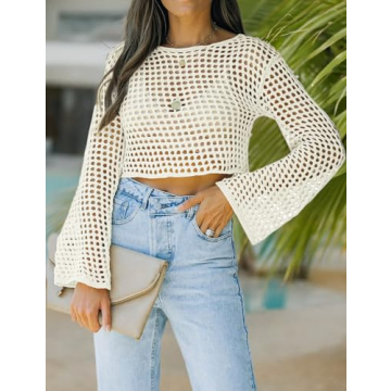 Womens Fishnet Crochet Crop Top Long Sleeve Sexy Style