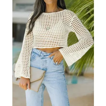 Womens Fishnet Crochet Crop Top Long Sleeve Sexy Style