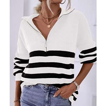 BTFBM Women 2025 Casual Long Sleeve Zip Striped Pullover Sweaters V Neck Collar Ribbed Knit Fall Winter Slouchy Jumpers(Striped White, Small)