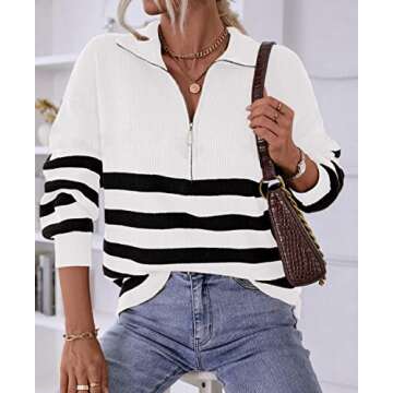 BTFBM Women 2025 Casual Long Sleeve Zip Striped Pullover Sweaters V Neck Collar Ribbed Knit Fall Winter Slouchy Jumpers(Striped White, Small)