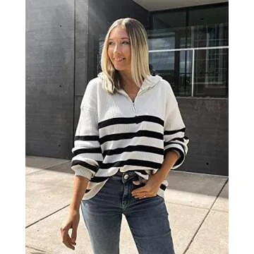 BTFBM Women 2025 Casual Long Sleeve Zip Striped Pullover Sweaters V Neck Collar Ribbed Knit Fall Winter Slouchy Jumpers(Striped White, Small)