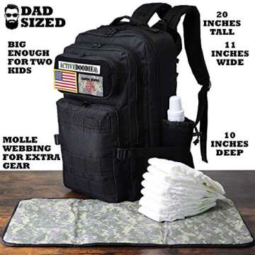 ActiveDoodie Dad Diaper Bag Backpack, Tactical Adventure Gear for Dads, Changing Pad, Stroller Straps, Insulated Bottle Holder, Diaper Bag for Dad, Military Style (Diaper Sniper Velcro Patches, Large)