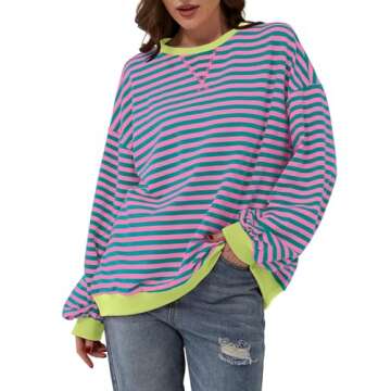 TERIVEEK Women Oversized Striped Color Block Long Sleeve Crew Neck Sweatshirt Casual Loose Pullover Y2K Shirt Top Pink