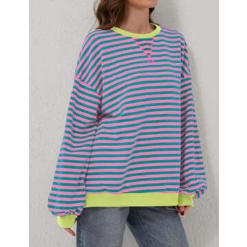 TERIVEEK Women Oversized Striped Color Block Long Sleeve Crew Neck Sweatshirt Casual Loose Pullover Y2K Shirt Top Pink