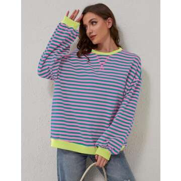 TERIVEEK Women Oversized Striped Color Block Long Sleeve Crew Neck Sweatshirt Casual Loose Pullover Y2K Shirt Top Pink