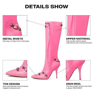 VOMIRA Knee High Boots Pointed Toe Rivets Tassels Stiletto Boots High Heels Fashion Party Dressy Pink Boots for Women