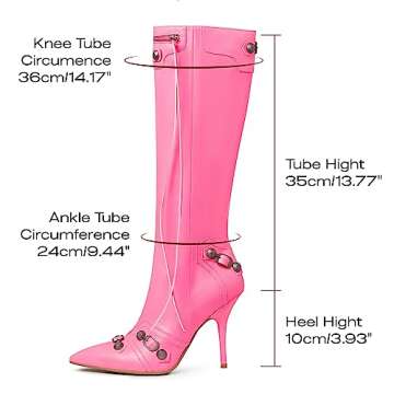 VOMIRA Knee High Boots Pointed Toe Rivets Tassels Stiletto Boots High Heels Fashion Party Dressy Pink Boots for Women