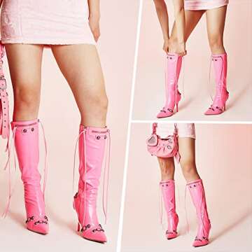 VOMIRA Knee High Boots Pointed Toe Rivets Tassels Stiletto Boots High Heels Fashion Party Dressy Pink Boots for Women