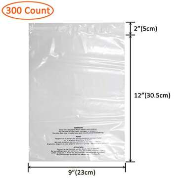 Belinlen 300 Count 9x12 Inch Self Seal Clear Poly Bags with Suffocation Warning for Packaging Clothi...