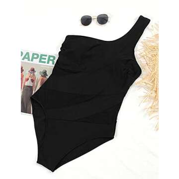 Blooming Jelly Womens Sexy One Piece Bathing Suits One Shoulder Swimsuit Mesh Slimming Swimwear (Large, Black)