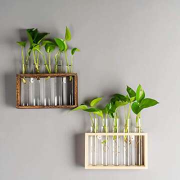 Kingbuy Wall Hanging Glass Planter Plant Terrarium with 5 Test Tube in Wooden Stand Rack for Propagating Hydroponic Flower Bud Vase Home Office Decoration, Brown