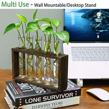 Kingbuy Wall Hanging Glass Planter Plant Terrarium with 5 Test Tube in Wooden Stand Rack for Propagating Hydroponic Flower Bud Vase Home Office Decoration, Brown
