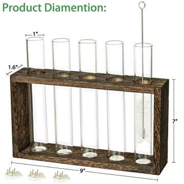 Kingbuy Wall Hanging Glass Planter Plant Terrarium with 5 Test Tube in Wooden Stand Rack for Propagating Hydroponic Flower Bud Vase Home Office Decoration, Brown