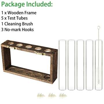 Kingbuy Wall Hanging Glass Planter Plant Terrarium with 5 Test Tube in Wooden Stand Rack for Propagating Hydroponic Flower Bud Vase Home Office Decoration, Brown