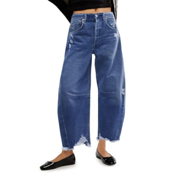 Cicy Bell Women's Baggy Wide Leg Jeans Barrel Horseshoe Boyfriend Cropped Raw Hem Denim Pants Blue