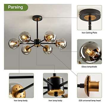 SZXYKEJI 6 Light Chandelier, Large Ceiling Light Fixture with Glass Classic, Black Pendent Lighting for Living Room Bedroom Bathroom Farmhouse Kitchen