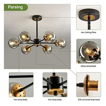 SZXYKEJI 6 Light Chandelier, Large Ceiling Light Fixture with Glass Classic, Black Pendent Lighting for Living Room Bedroom Bathroom Farmhouse Kitchen