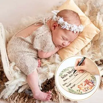 R HORSE Baby Birth Announcement Sign with Marker Pen, Cartoon Animal Baby Name Sign with Ink Pad for Hand and Footprints, Wooden Hello World Newborn Announcement Nursery Decor Keepsake Gifts