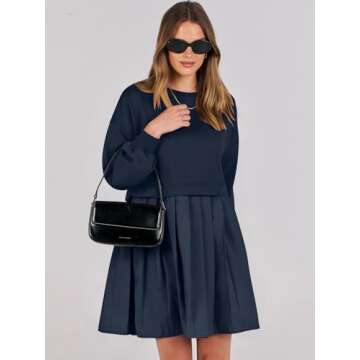 ANRABESS Women Sweatshirts Dress Oversized Long Sleeve Patchwork Casual Loose Pleated Pullover Mini ...