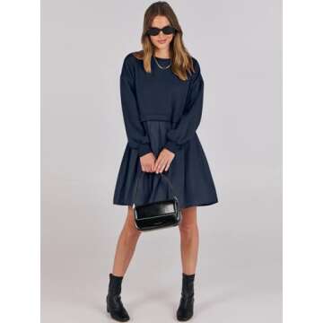 ANRABESS Women Sweatshirts Dress Oversized Long Sleeve Patchwork Casual Loose Pleated Pullover Mini Dress Fall Outfits 2024 Navy Small