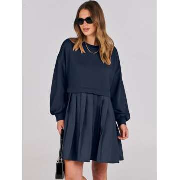 ANRABESS Women Sweatshirts Dress Oversized Long Sleeve Patchwork Casual Loose Pleated Pullover Mini Dress Fall Outfits 2024 Navy Small