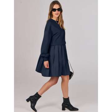 ANRABESS Women Sweatshirts Dress Oversized Long Sleeve Patchwork Casual Loose Pleated Pullover Mini Dress Fall Outfits 2024 Navy Small