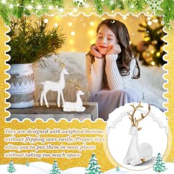 Thyle 4 Pcs Christmas Resin Sitting Standing Deer Statue Reindeer Figurines Deer Decorations for Home Indoor Rustic Christmas Home Decor Statue Small Reindeer Sculpture (White, Gold)