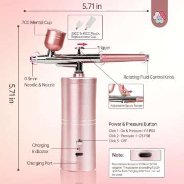 SAVILAND Super-Stable Airbrush Kit: 25 PSI Precision Airbrush for Nails Rechargeable Dual-Mode Airbrush Gun 0.3mm Nozzle Nail AirBrush Machine Protable Airbrush Gel Nail Ombre French Paint Home Pink