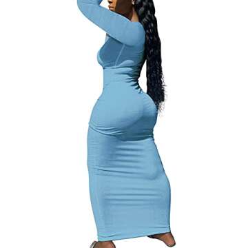 MOPOOGOSS Plus Size Dresses for Women Casual Sexy Bodycon Ribbed Tank Dress Scoop Neck Long Sleeve Club Dresses Ligth Blue XXL