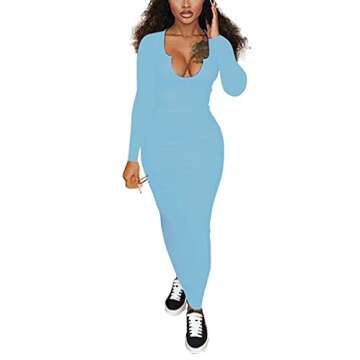 MOPOOGOSS Plus Size Dresses for Women Casual Sexy Bodycon Ribbed Tank Dress Scoop Neck Long Sleeve Club Dresses Ligth Blue XXL