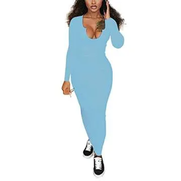 MOPOOGOSS Plus Size Dresses for Women Casual Sexy Bodycon Ribbed Tank Dress Scoop Neck Long Sleeve Club Dresses Ligth Blue XXL