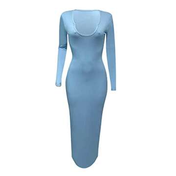 MOPOOGOSS Plus Size Dresses for Women Casual Sexy Bodycon Ribbed Tank Dress Scoop Neck Long Sleeve Club Dresses Ligth Blue XXL