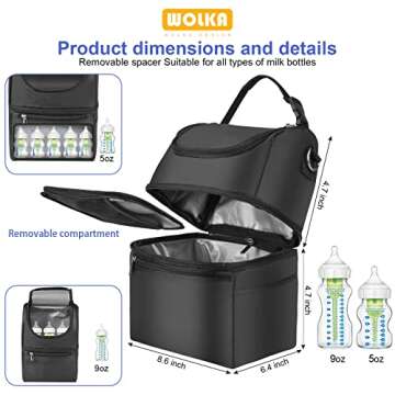 Breastmilk Cooler Bag - Cooler Bag for Nursing Moms Multi-Function, Insulated Baby Bottle Cooler Tote Bag with Double Compartments - Fits 6 Baby Bottles Up to 9 Ounce - All Black