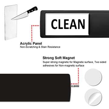Dishwasher Magnet Clean Dirty Sign, Clean Dirty Sign Accessories for Dishwasher Non-Scratch/Super Strong Soft Magnet with Optional Adhesives/Easy to Read & Slide (Black& White)