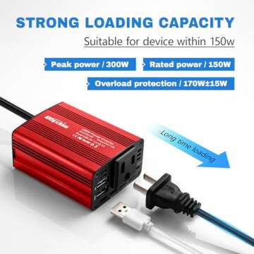 Bapdas 150W Power Inverter 12v to 110v Car Adapter Outlet to Wall Plug with 3.1A Dual USB Car Charger for Laptop Computer-Red