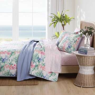 Tommy Bahama - King Quilt Set, Reversible Cotton Bedding with Matching Shams, Colorful Botanical Home Decor (Island Orchid Pink, King)