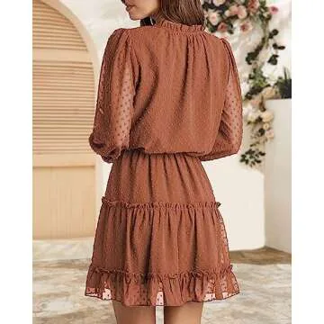 BTFBM Women Casual Summer Fall Dresses Tie V Neck Long Sleeve High Waist Ruffle Tiered A Line Swing Tunic Mini Dress(Dot Orange Yellow, Small)