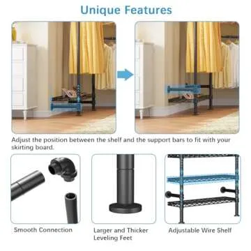 Timate L3 L Shape Garment Rack Heavy Duty Clothes Rack for Hanging Clothes, Expandable Industrial Pipe Wall Mounted Clothing Rack, Adjustable Corner Closet Wardrobe Closet Kit Closet Systems, Black