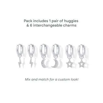 PAVOI Rhodium Plated Huggie Earrings and Charm Set for Women | Mix and Match Earring Pack with Lightning Bolt Star Moon Cubic Zirconia Charms
