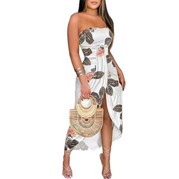 Umenlele Women's Strapless Ruched High Waist Wrap Split Asymmetrical Beach Maxi Long Dress White Flo...