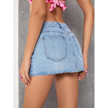 COZYEASE Women's Single Button Front Raw Hem Plain Denim Mini Skirt with Pockets Light Wash L