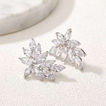 SWEETV Marquise Bridal Wedding Earrings for Brides Bridesmaids, Crystal Cubic Zirconia Rhinestone Cluster Stud Earrings for Women, Prom, Silver